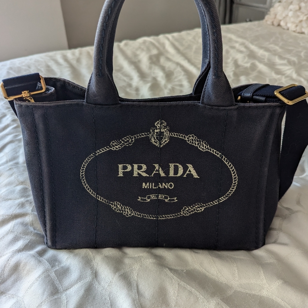 Prada navy blue canapa tote